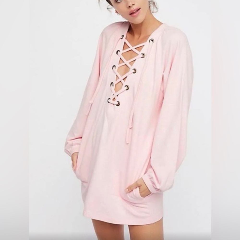 Free People Pink Lace-Up Sweatshirt with Pockets